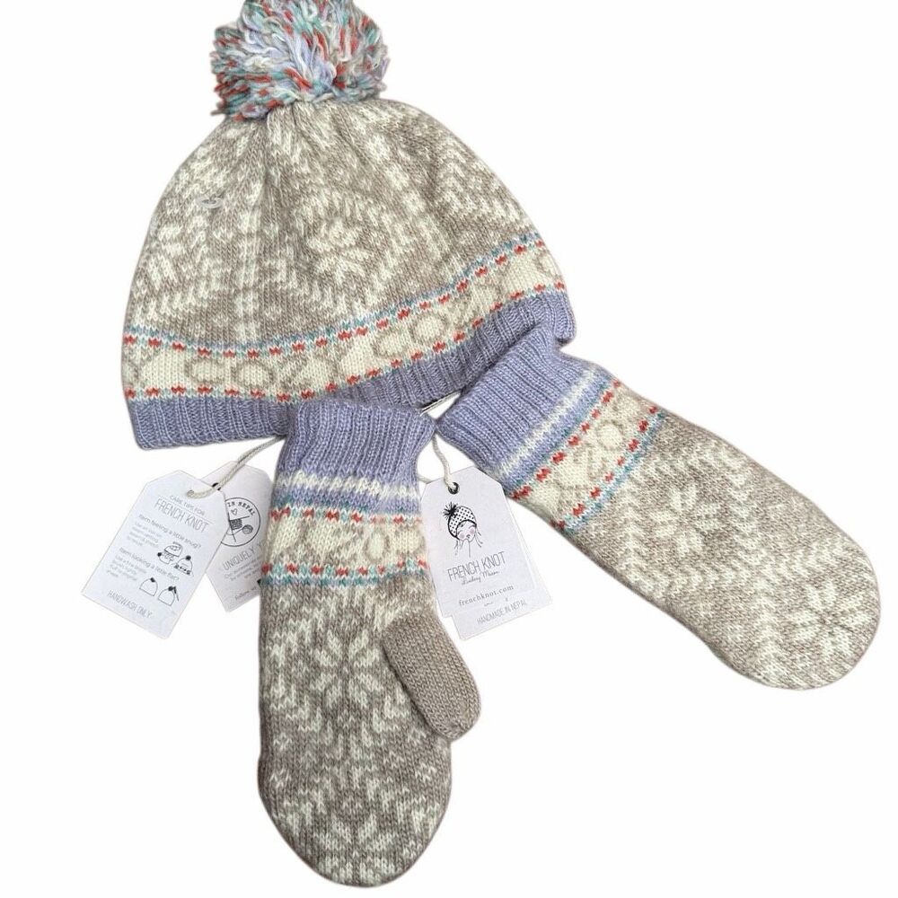 Free People French Knot Nordic Wool Hat Mittens Set purple gray cozy OS NWT